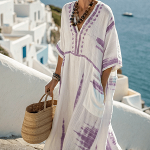 Vestido Kaftán Largo con Bolsillos y Rayas Coloridas