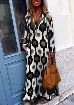 Vestido Boho de Cuello en V con Estampado Geométrico y Abertura de Otoño
