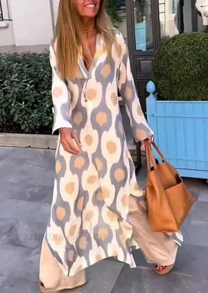 Vestido Boho de Cuello en V con Estampado Geométrico y Abertura de Otoño