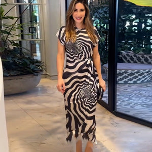 Vestido Midi con Estampado Óptico – Corte Recto con Lazo Lateral
