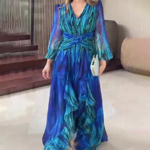 Vestido Largo Estampado con Volantes – Manga Larga y Cintura Entallada