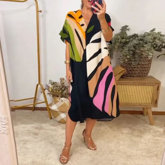 Vestido Casual con Estampado de Hojas Coloridas