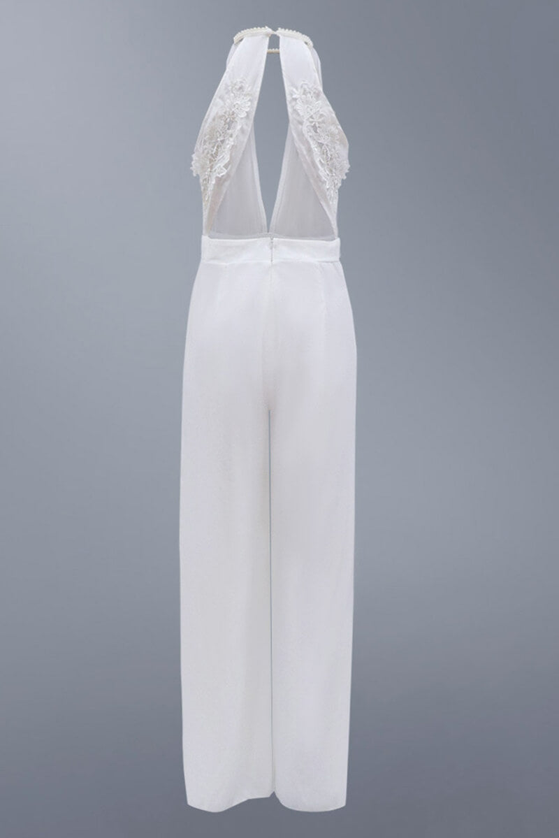 Mono blanco liso con cuello en V y abertura delantera