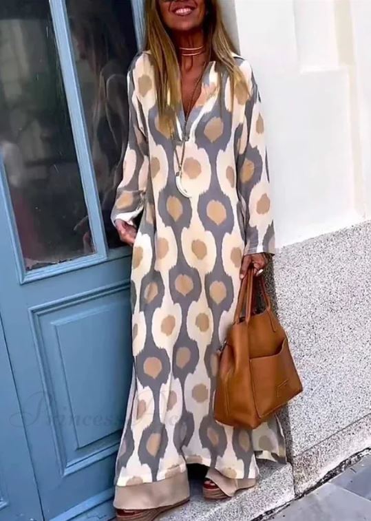 Vestido Boho de Cuello en V con Estampado Geométrico y Abertura de Otoño