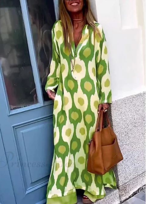 Vestido Boho de Cuello en V con Estampado Geométrico y Abertura de Otoño