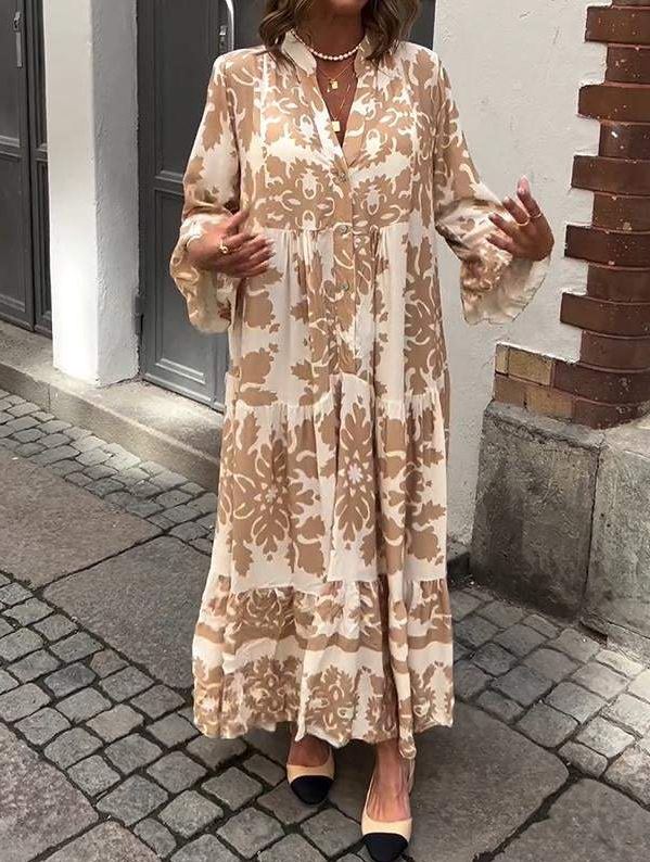 Vestido Maxi con Escote en V y Manga 3/4 Atractivo