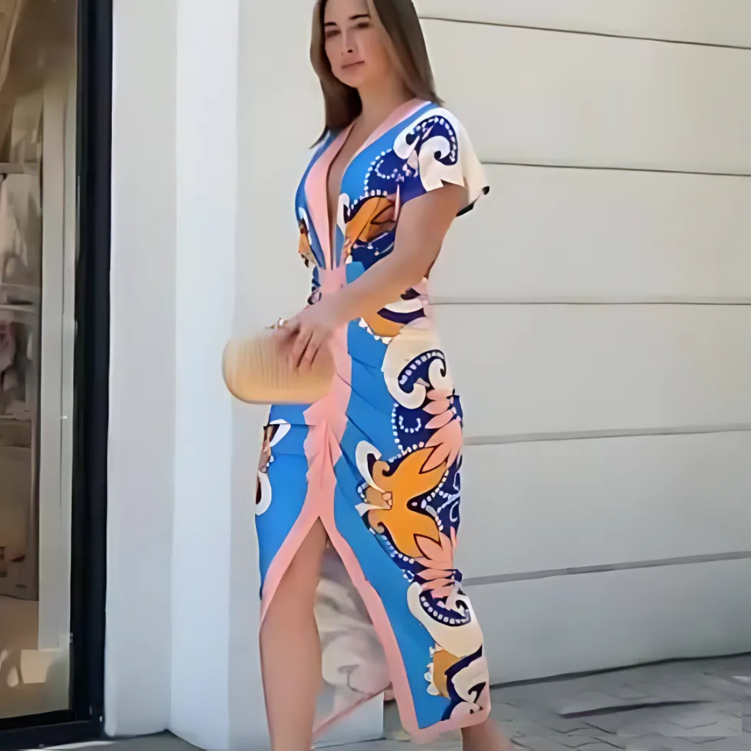 Vestido Midi con Estampado Floral y Corte Entallado – Elegancia Sofisticada