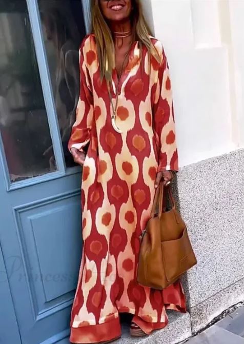 Vestido Boho de Cuello en V con Estampado Geométrico y Abertura de Otoño