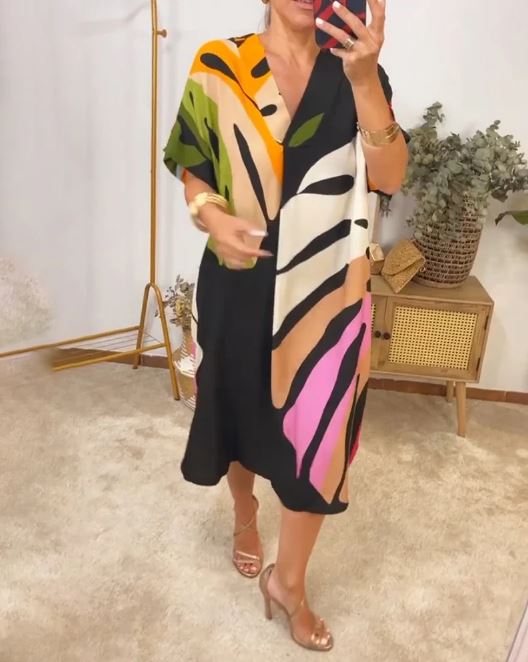 Vestido Casual con Estampado de Hojas Coloridas