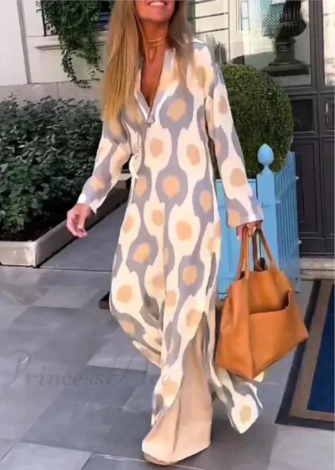 Vestido Boho de Cuello en V con Estampado Geométrico y Abertura de Otoño