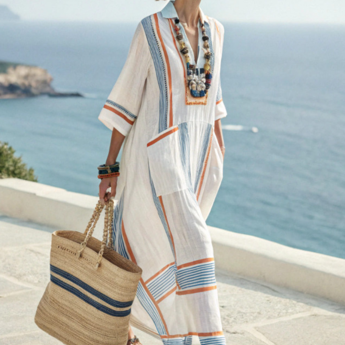 Vestido Kaftán Largo con Bolsillos y Rayas Coloridas