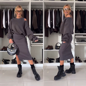 Leah Luxe | Conjunto de Top con Hombros Descubiertos y Falda Midi