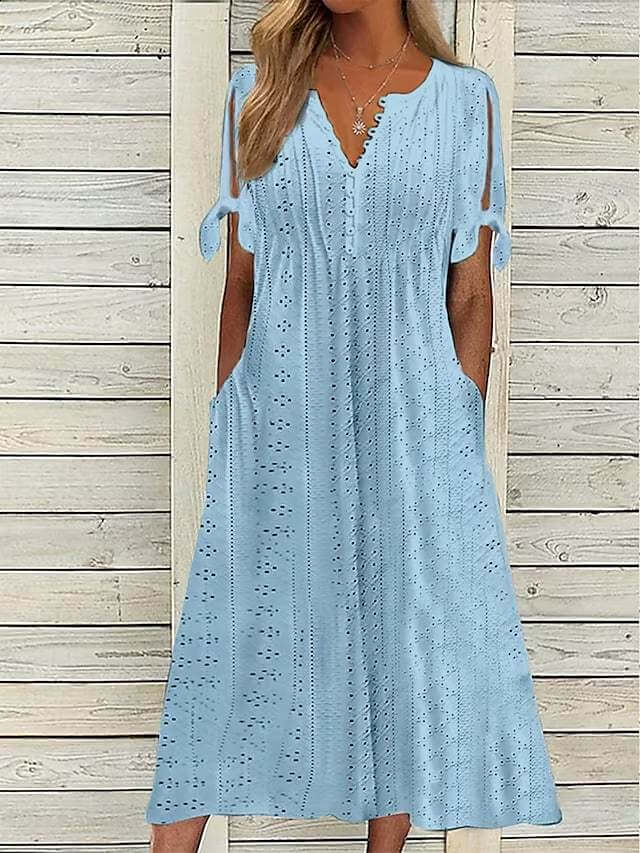 Vestido Calado con Mangas Abiertas y Bolsillos – Elegancia Fresca para el Verano