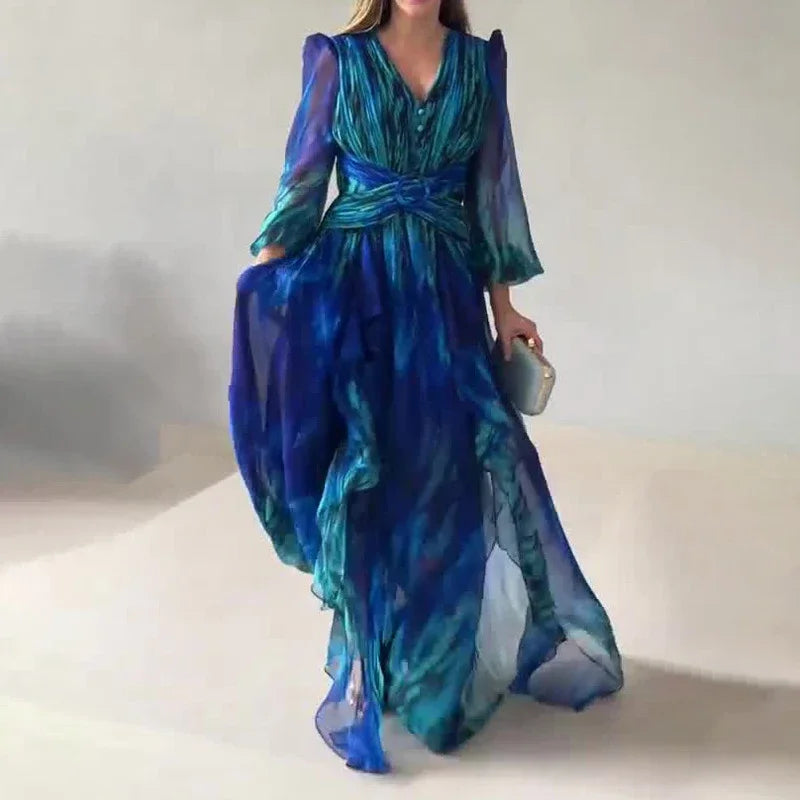 Vestido Largo Estampado con Volantes – Manga Larga y Cintura Entallada