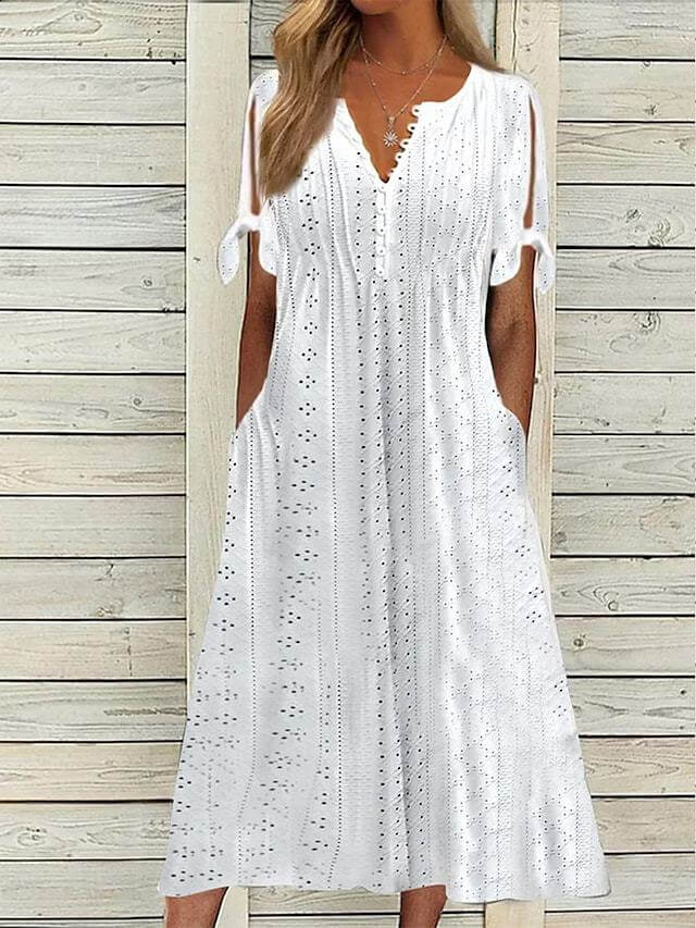 Vestido Calado con Mangas Abiertas y Bolsillos – Elegancia Fresca para el Verano