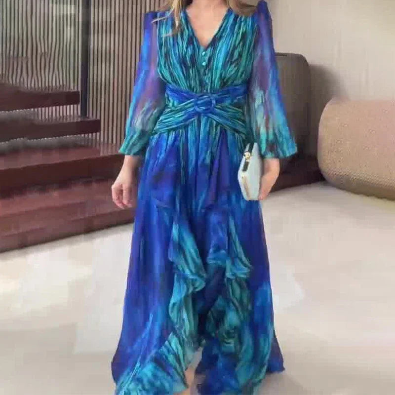 Vestido Largo Estampado con Volantes – Manga Larga y Cintura Entallada