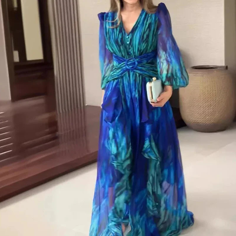 Vestido Largo Estampado con Volantes – Manga Larga y Cintura Entallada