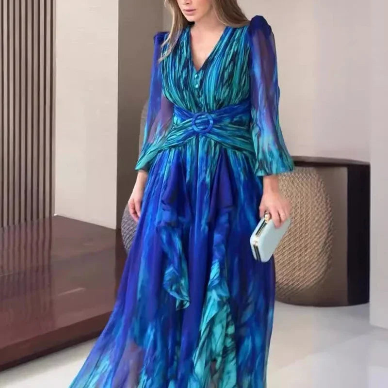 Vestido Largo Estampado con Volantes – Manga Larga y Cintura Entallada