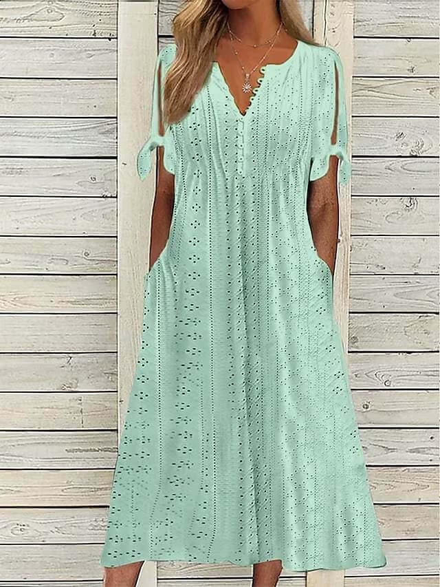 Vestido Calado con Mangas Abiertas y Bolsillos – Elegancia Fresca para el Verano