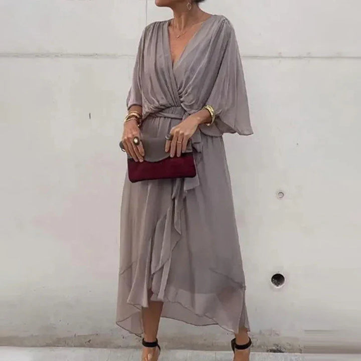 Vestido Ava Midi con Escote en V y Mangas Sueltas