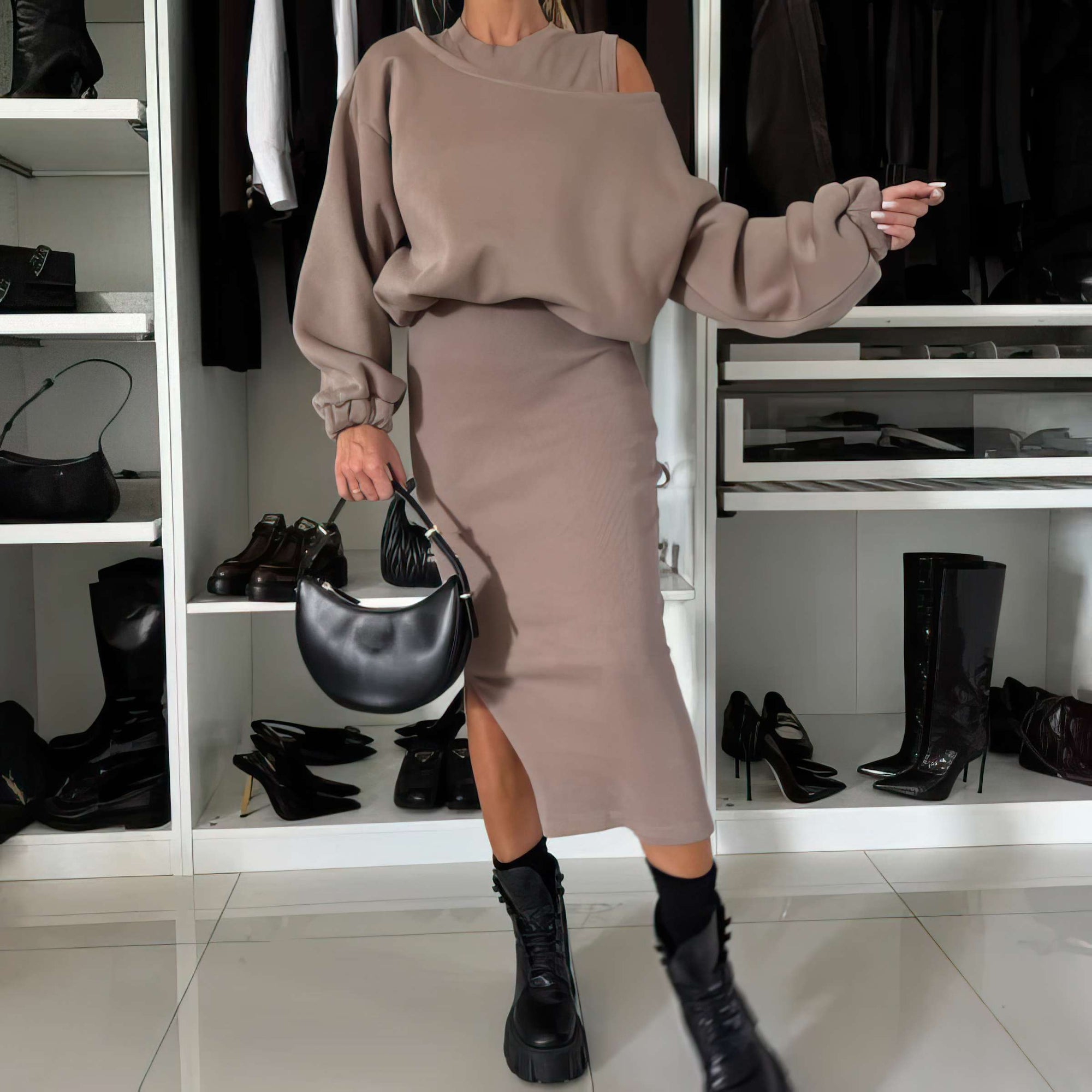 Leah Luxe | Conjunto de Top con Hombros Descubiertos y Falda Midi
