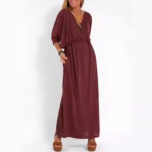 Vestido largo de noche vintage con cuello en V y cintura alta para mujer