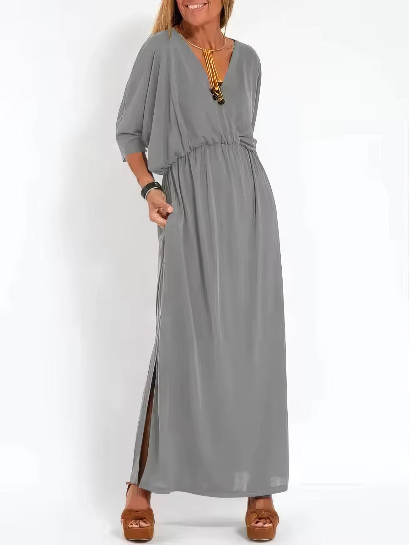 Vestido largo de noche vintage con cuello en V y cintura alta para mujer